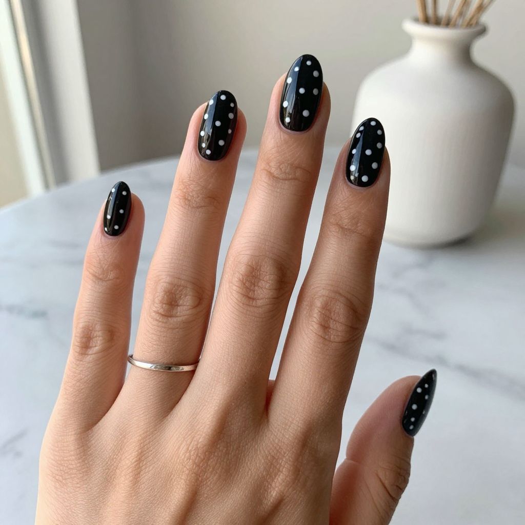 Black with White Polka Dots Nails