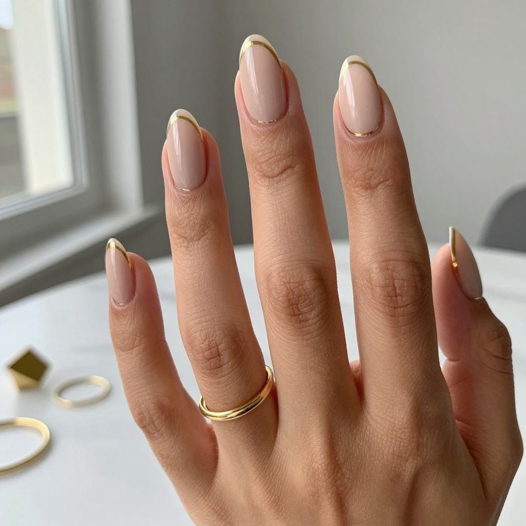Nude with Thin Gold Outline Nails