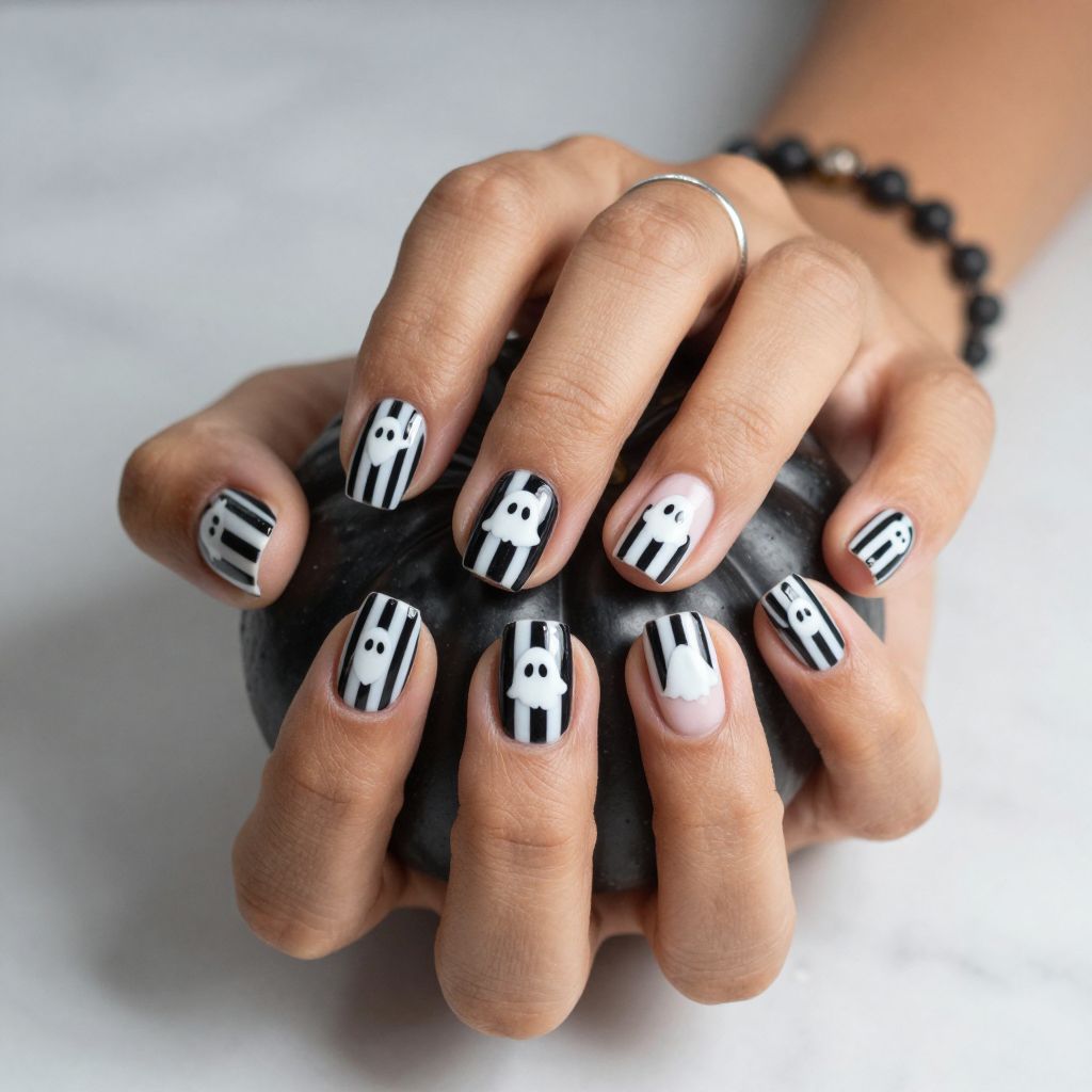 Black and White Striped Boo Nails