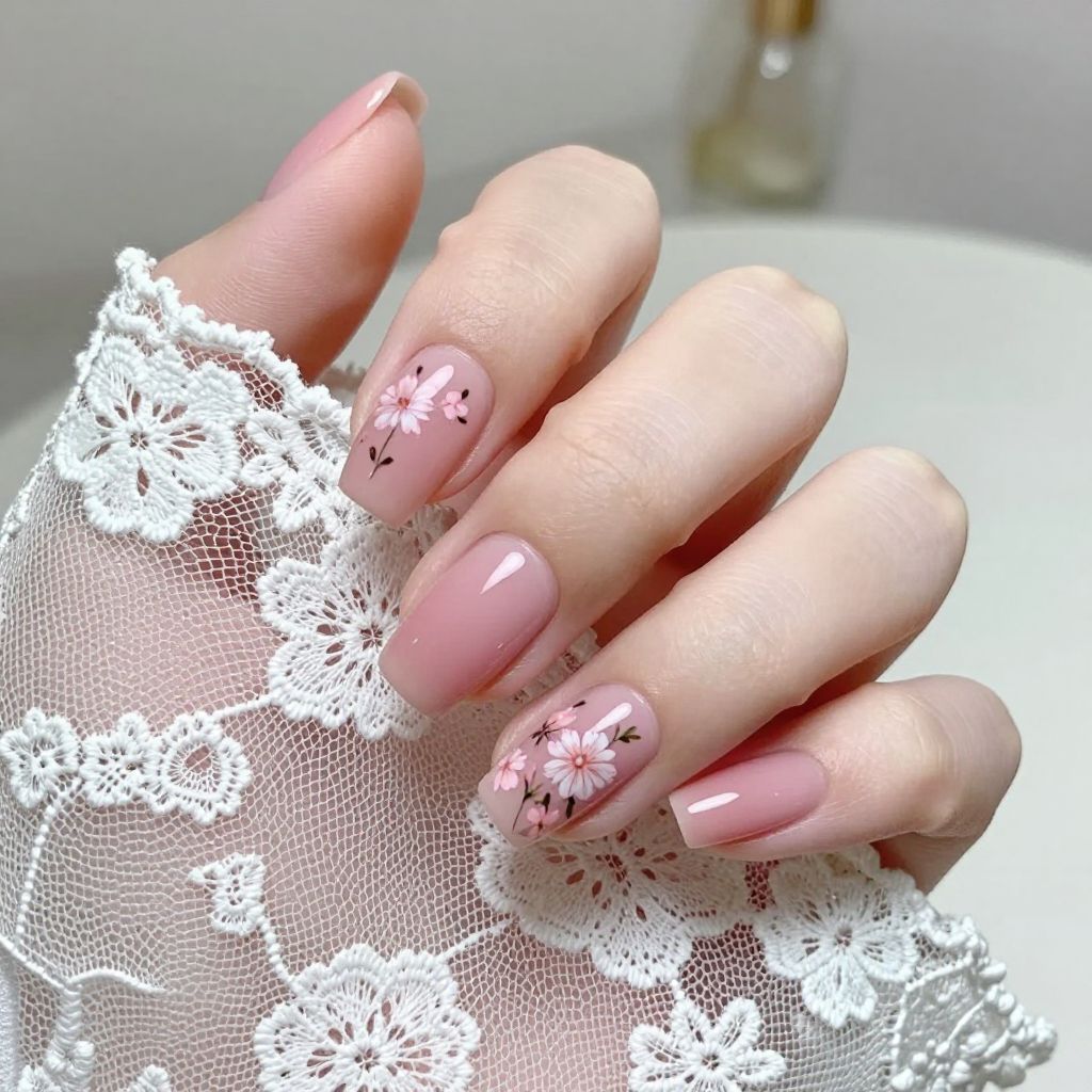 Soft Base with Delicate Floral Stickers nail idea 14