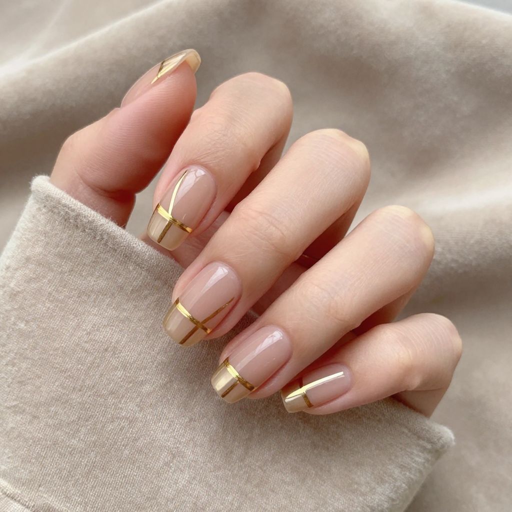 Minimalist Nude with Thin Gold Lines nail idea 3