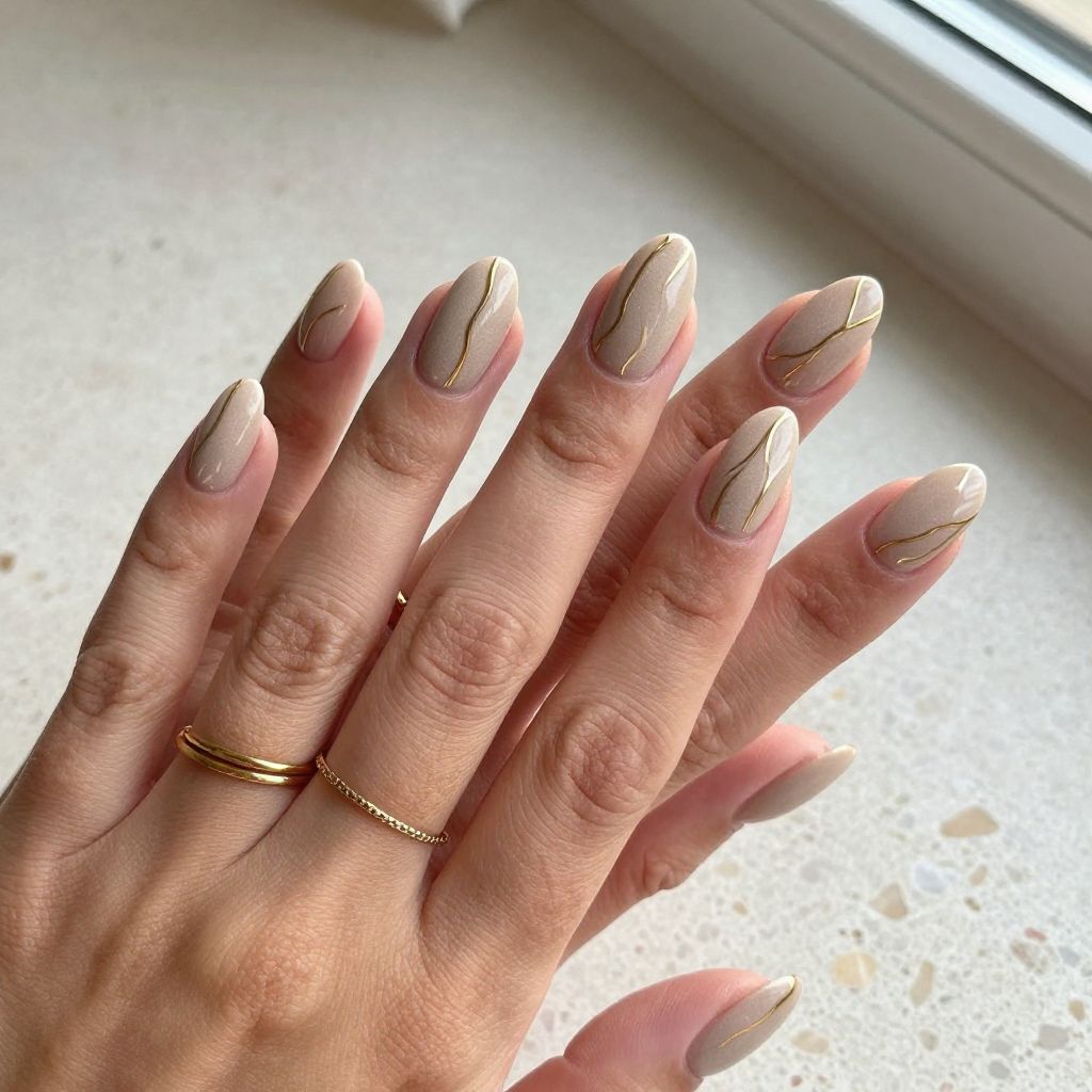 Easy Summer Nail Ideas - Beige Linen Nails With Gold Lines