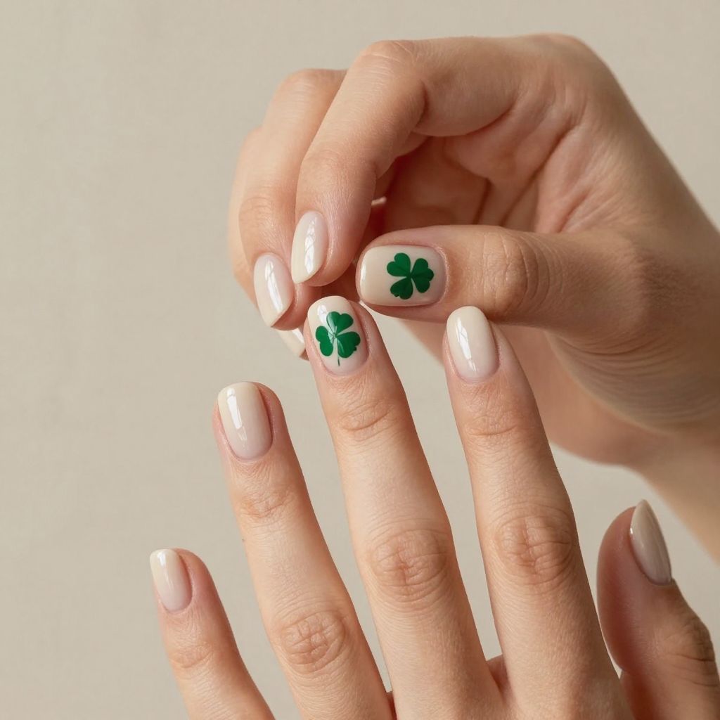 Nude engagement nails with green clover accent