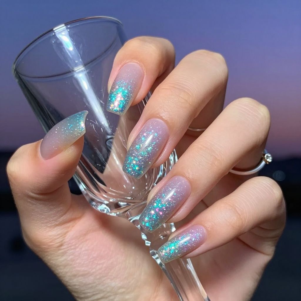 Aurora borealis glitter fade engagement nails
