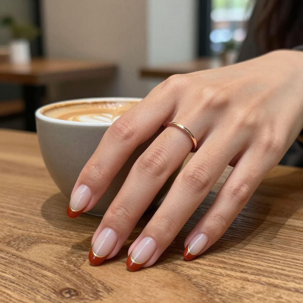 Terracotta and gold micro French engagement nails