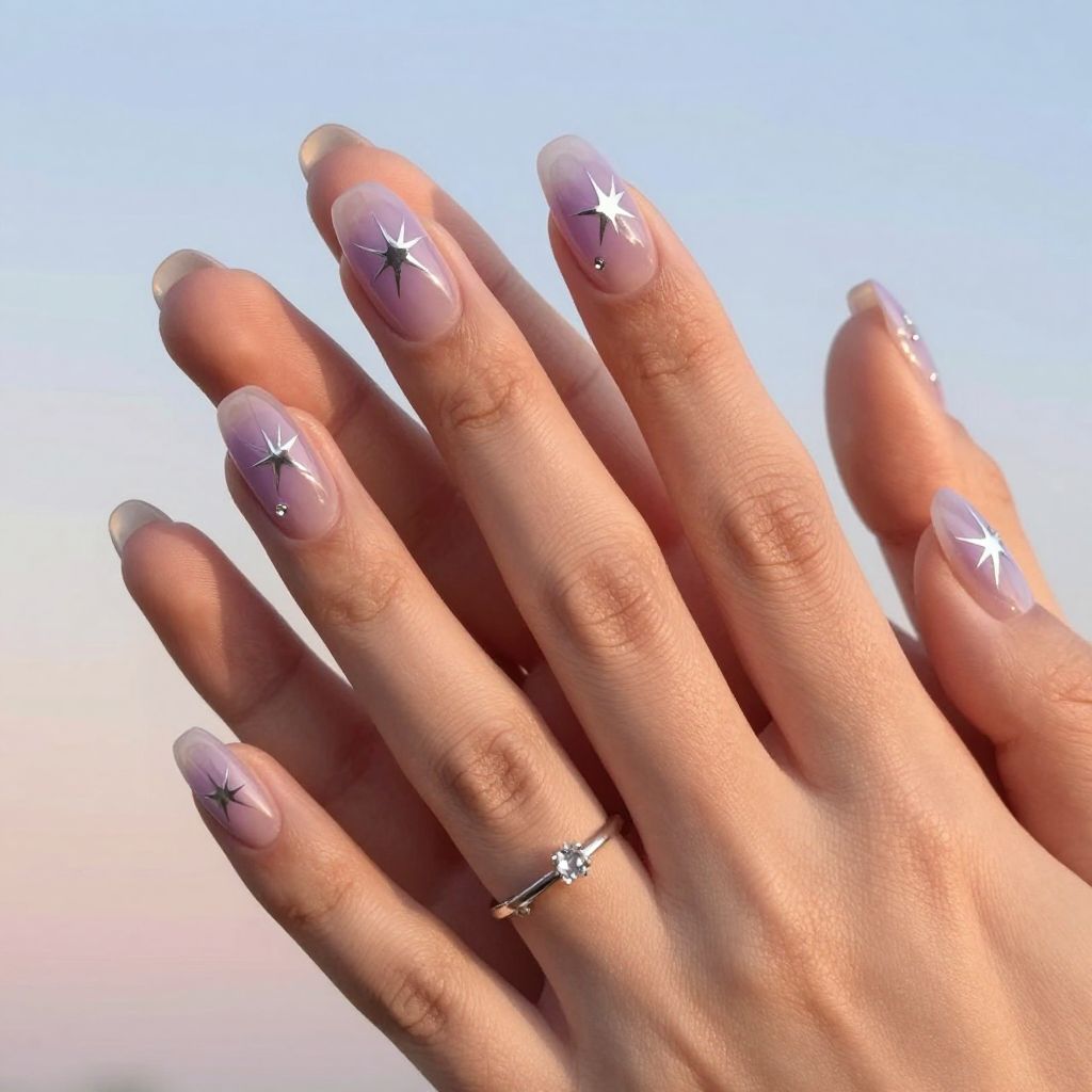 Sheer lavender engagement nails with silver starbursts