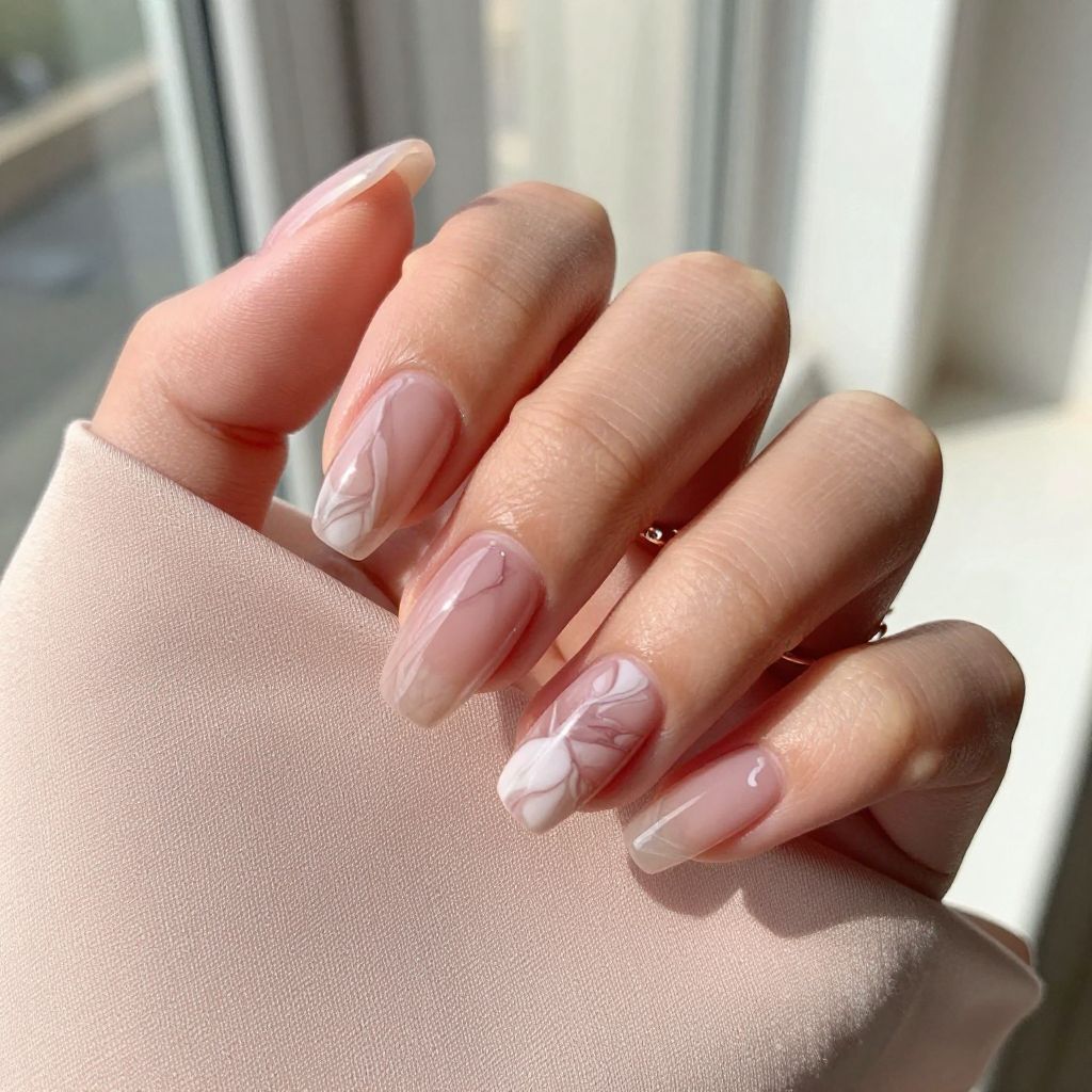 Soft rose quartz marble engagement nails