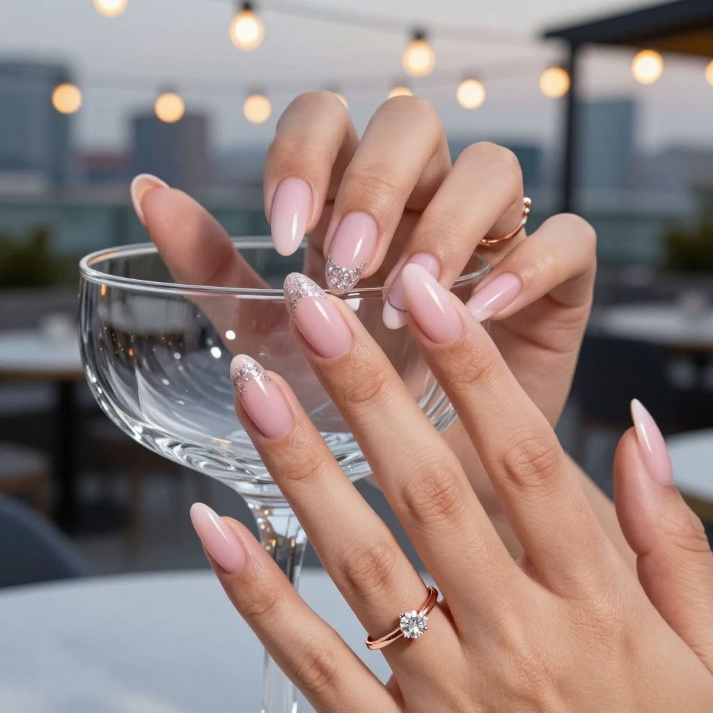 Engagement nails with silver glitter cuticle crescent