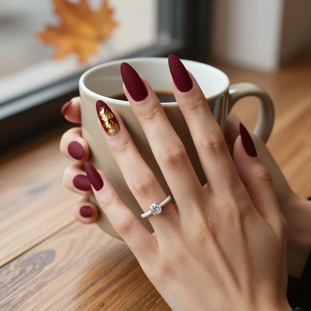 Matte velvet burgundy engagement nails