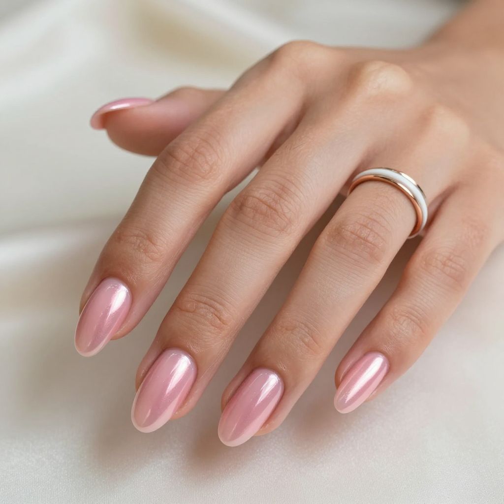 Blush chrome mirror engagement nails