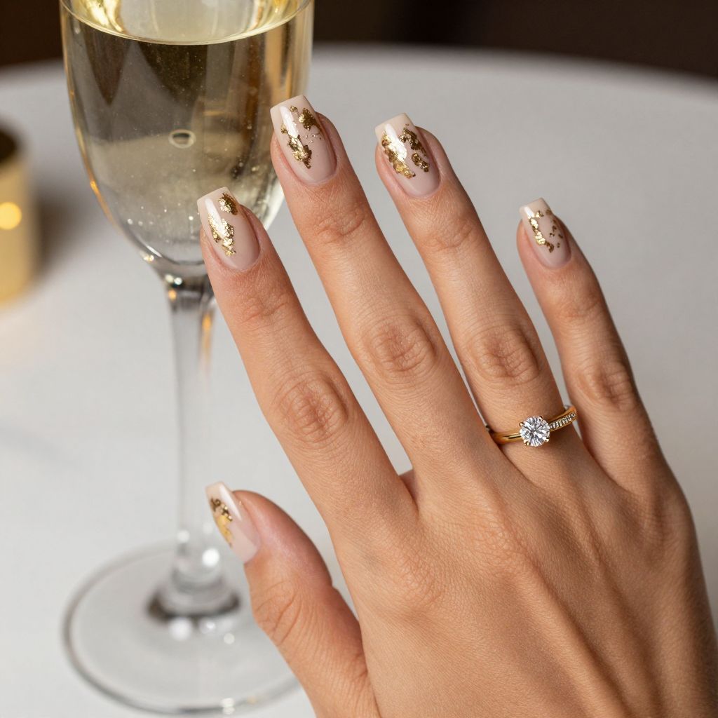 Nude engagement nails with champagne foil flakes