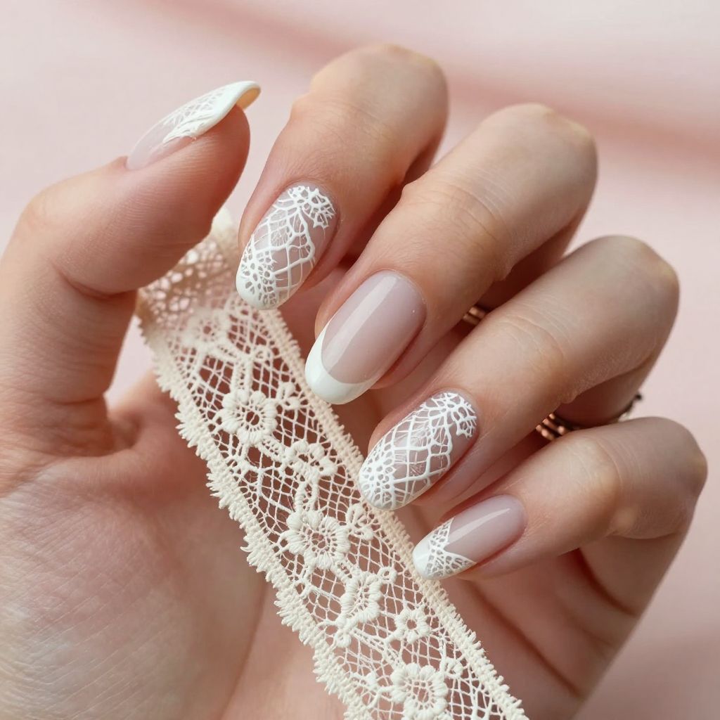 White lace overlay engagement nails