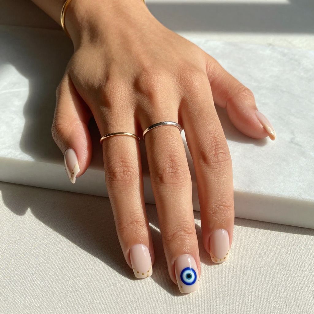 Evil Eye Nail Art With Square Nude Tips