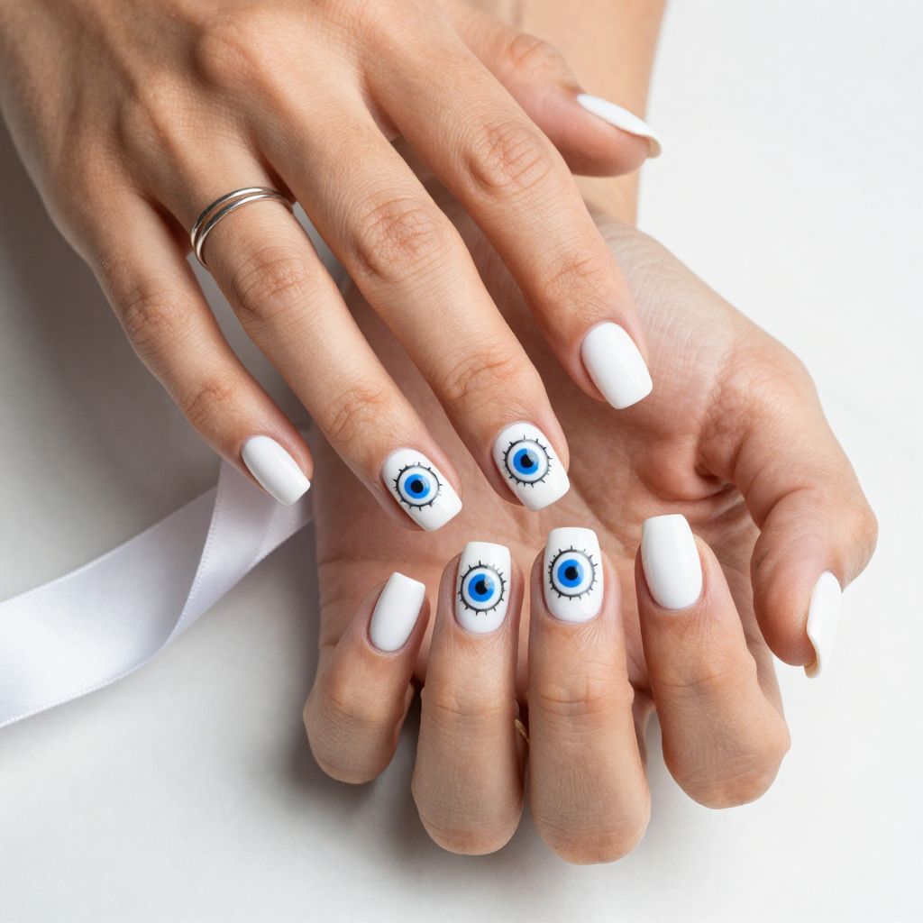 Bright White Nails With Floating Evil Eye Art