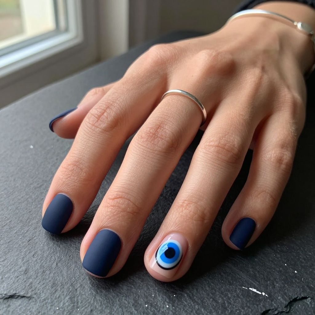 Matte Navy Nails With Glossy Evil Eye Detail