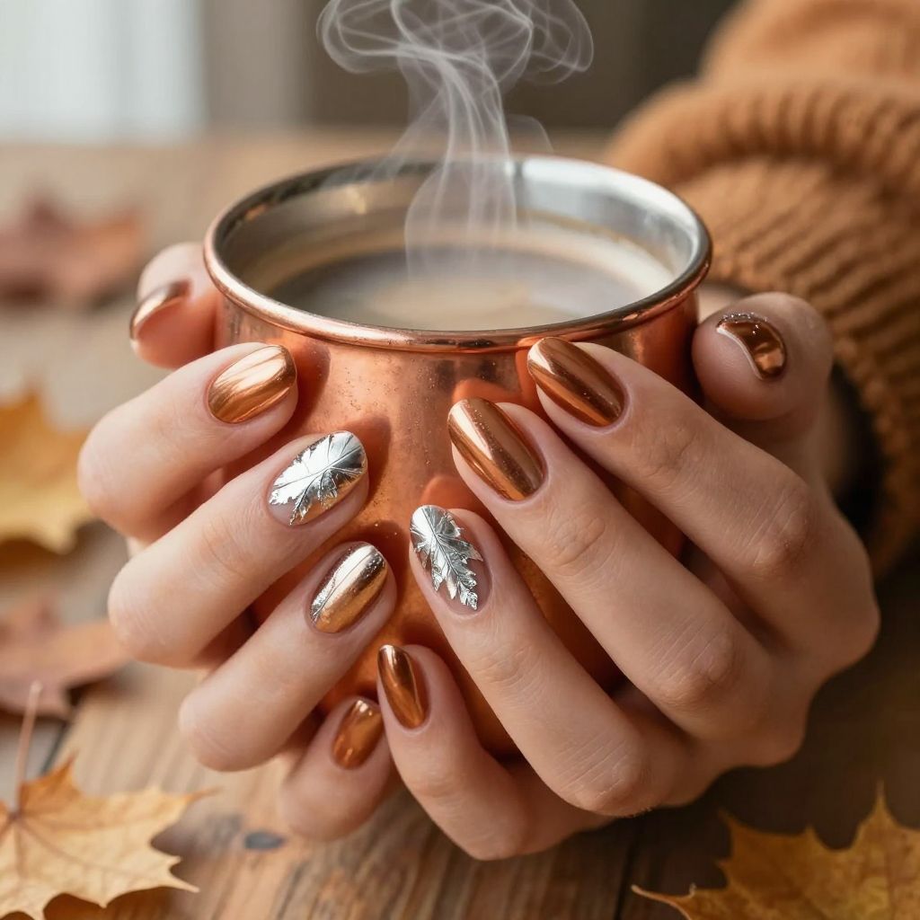 Metallic leaf accent fall acrylic nails