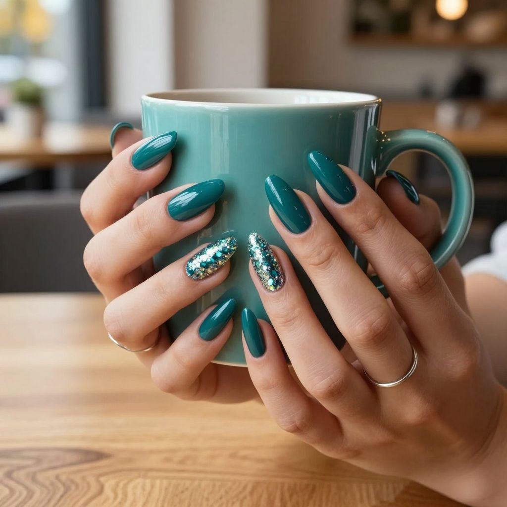 Dark teal drama fall acrylic nails