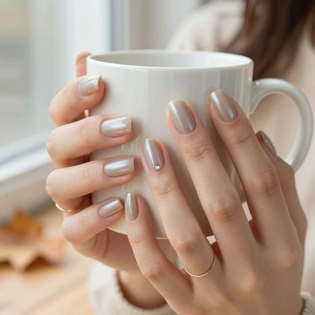 Soft taupe micro sparkle fall acrylic nails