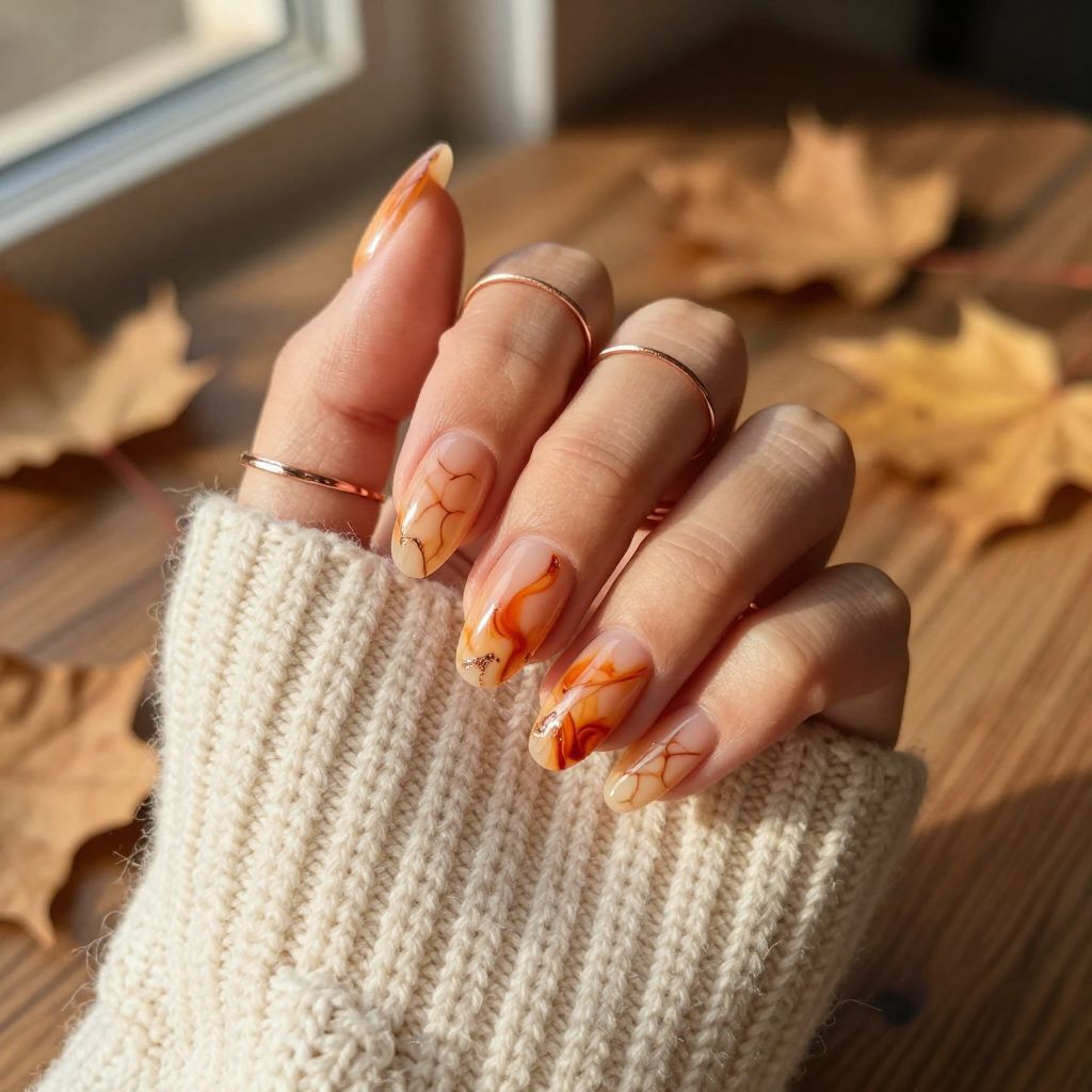 Burnt orange marble fall acrylic nails