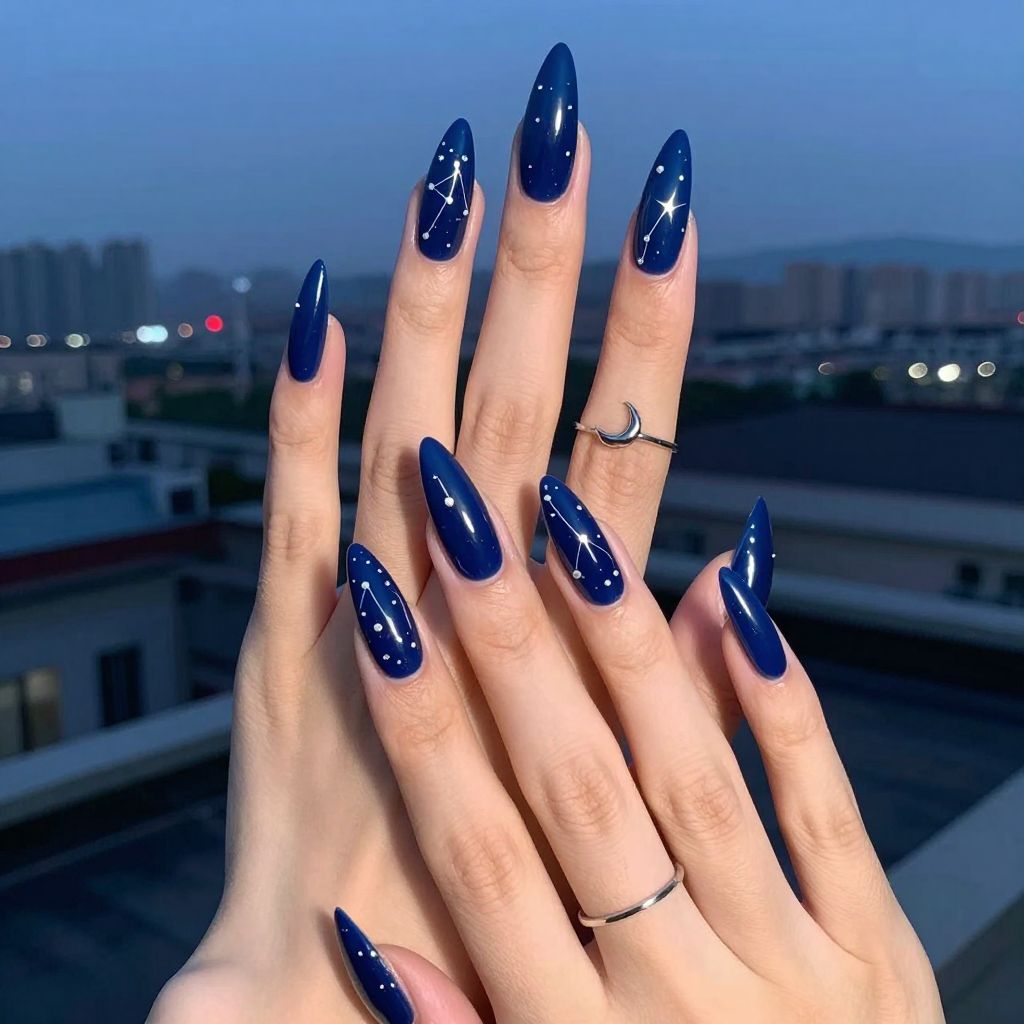 Midnight constellation fall acrylic nails