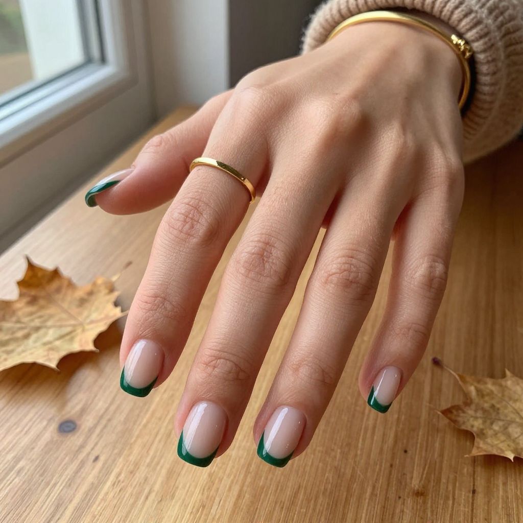 Forest Green French Tips With Short Square Nails
