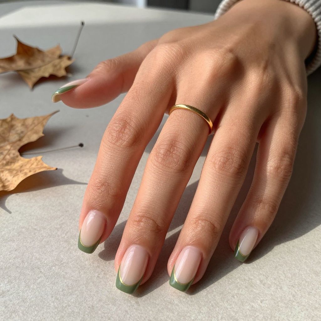 Olive Green French Tips With Nude Base