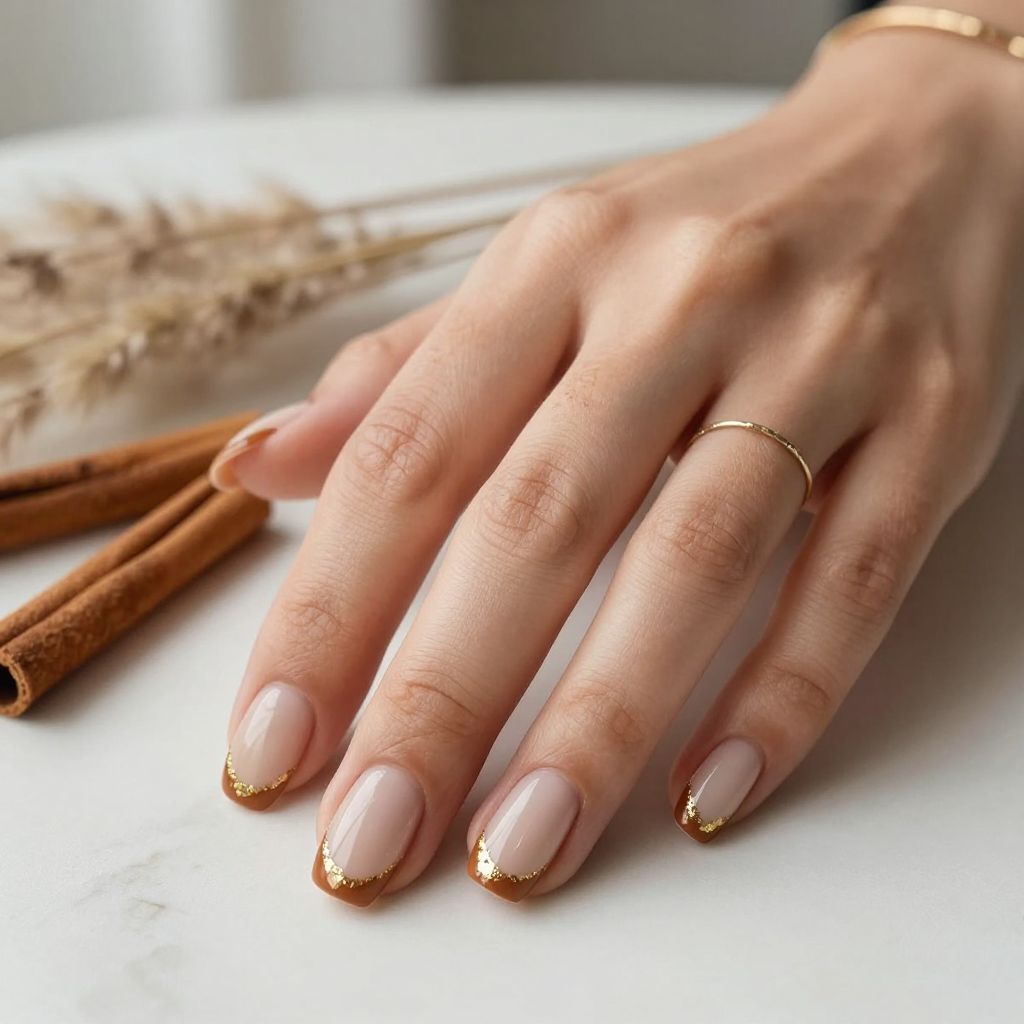 Cinnamon French Tips With Gold Foil
