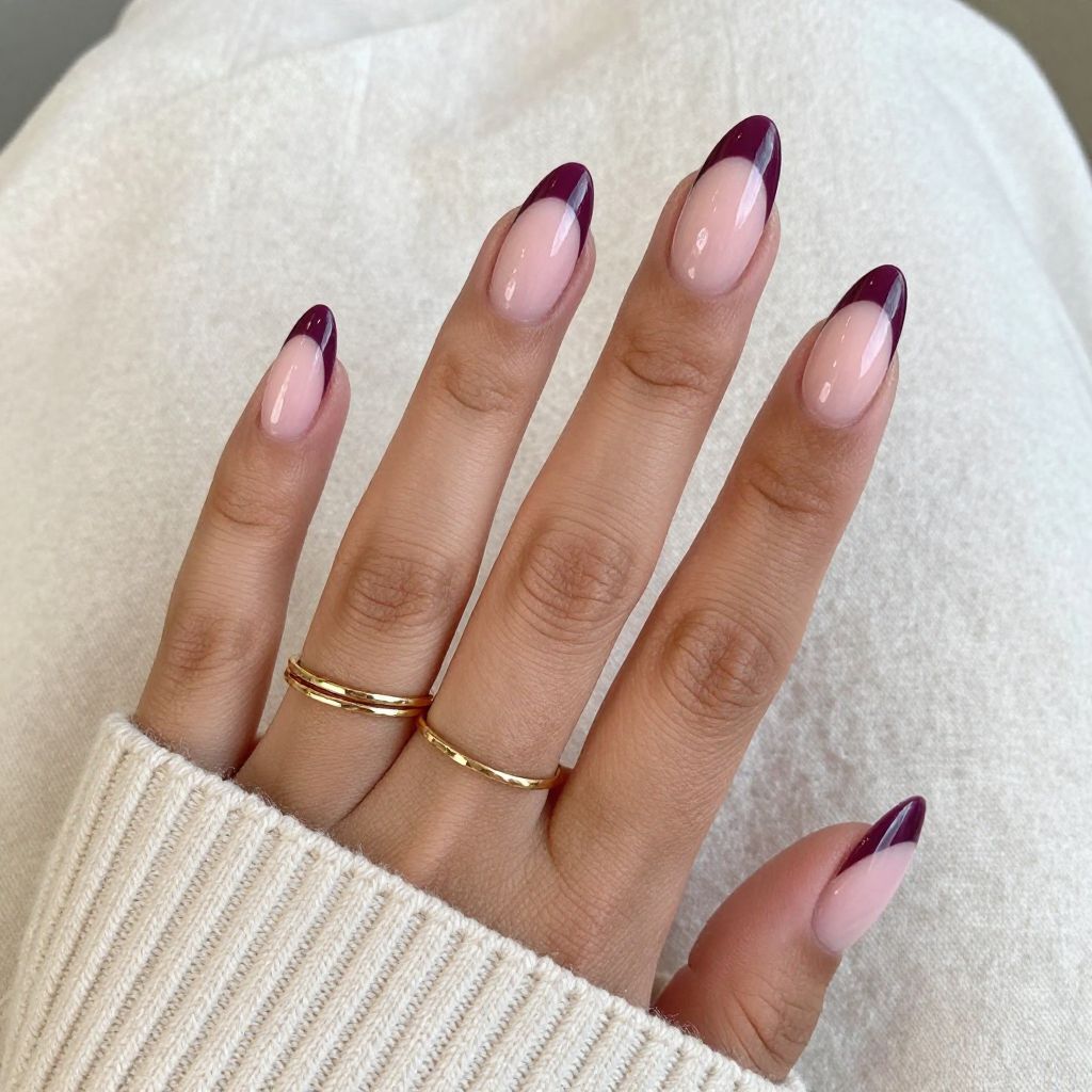 Deep Plum French Tips With Sheer Pink Base