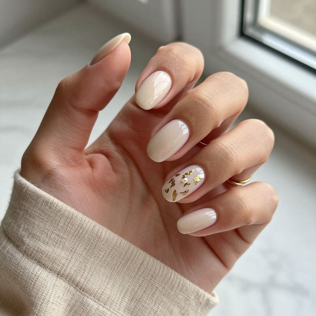 Nude Nails With Golden Leaf Art