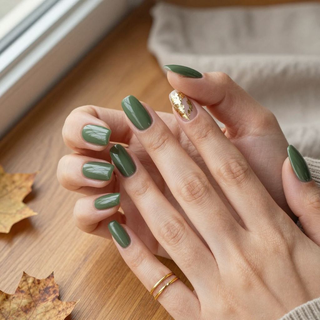 Olive Green and Gold Leaf Nails