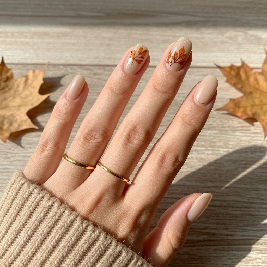 Nude Nails With Autumn Leaf Art