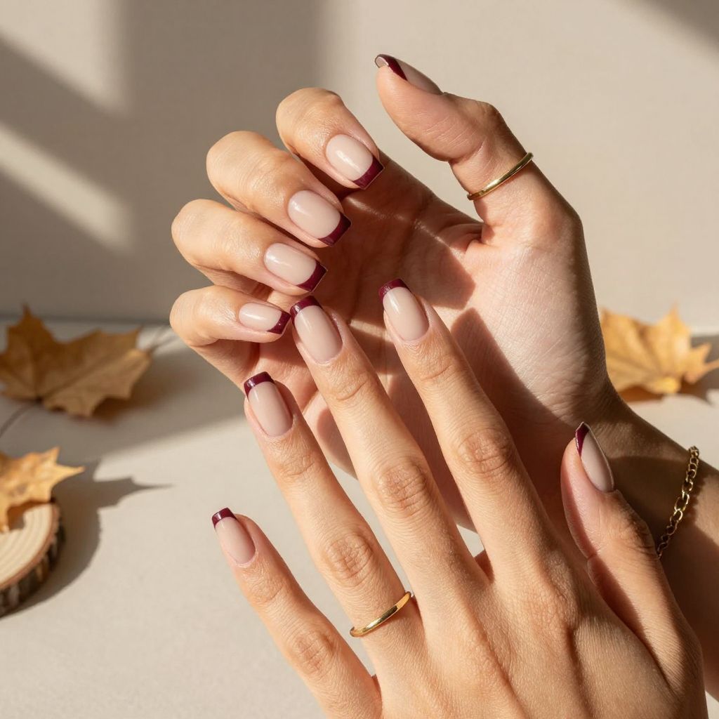 Nude with Subtle Burgundy Ombre Tips