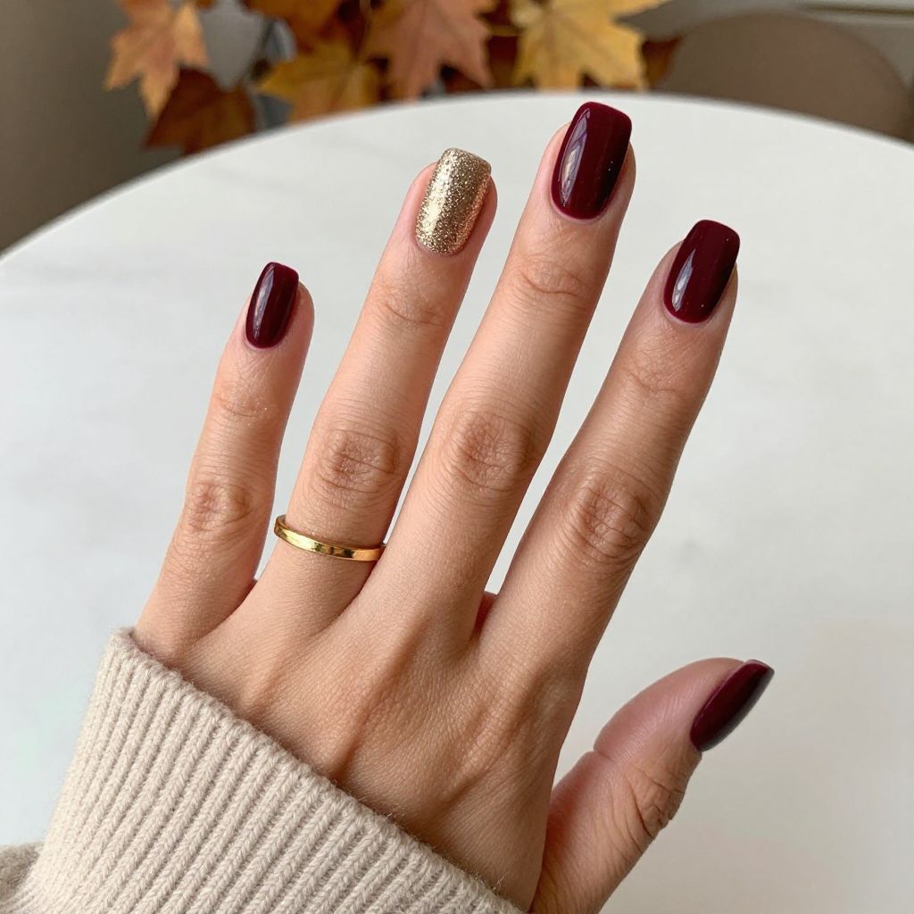 Burgundy Velvet with Gold Sparkle Accent Nail