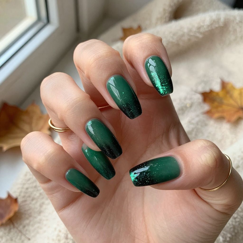 Deep Forest Green Glitter Gradient Nails