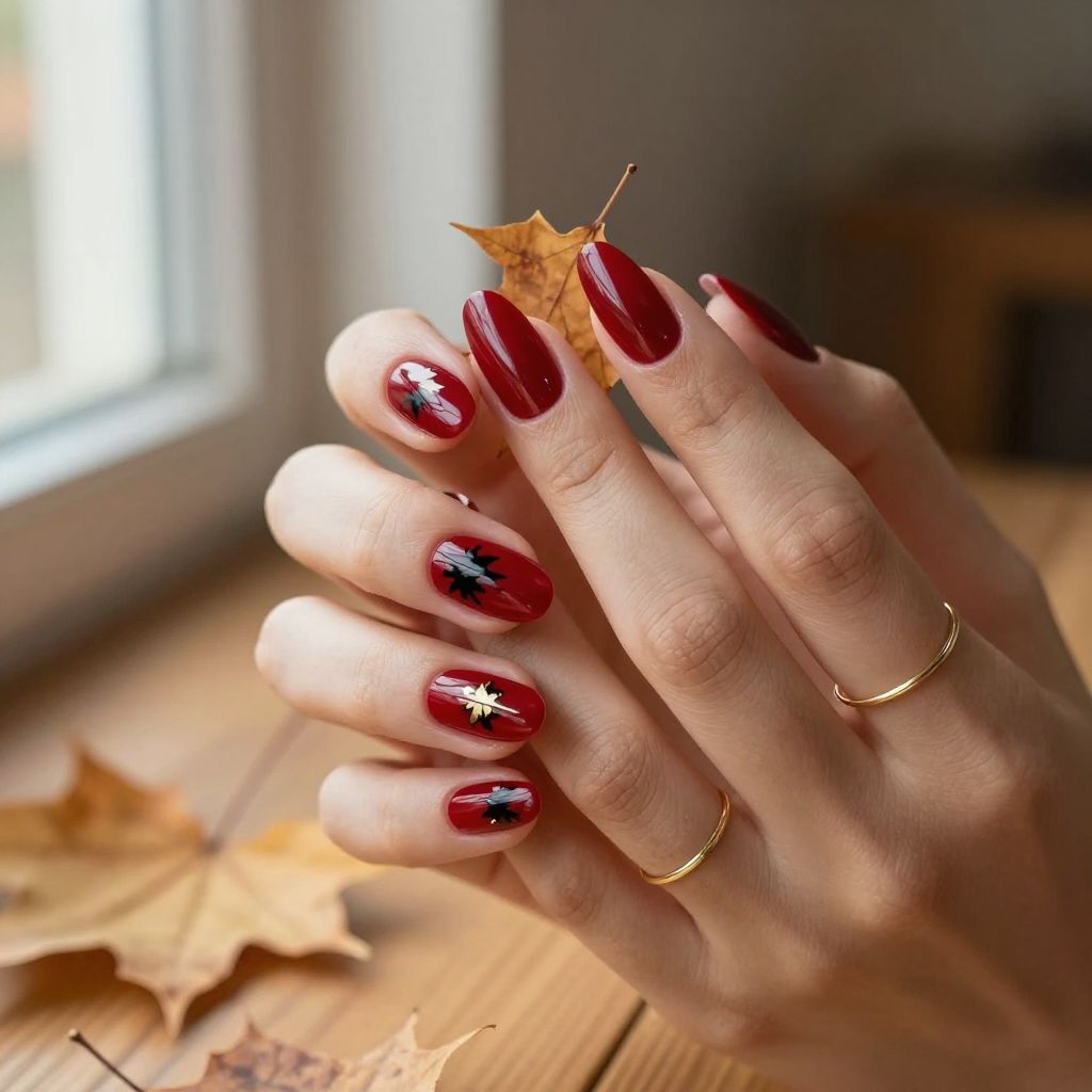 Oxblood Red Glossy with Leaf Silhouettes