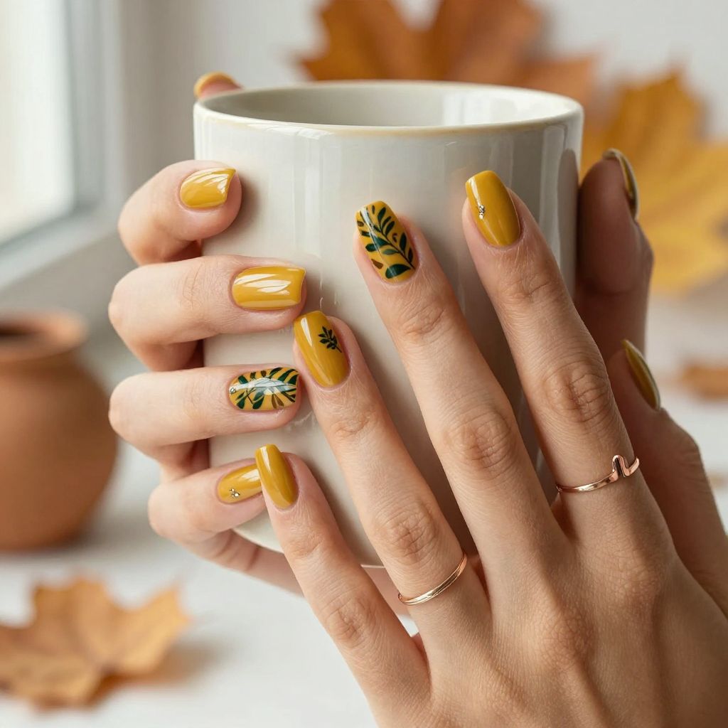 Mustard Yellow Stamped Botanical Nails