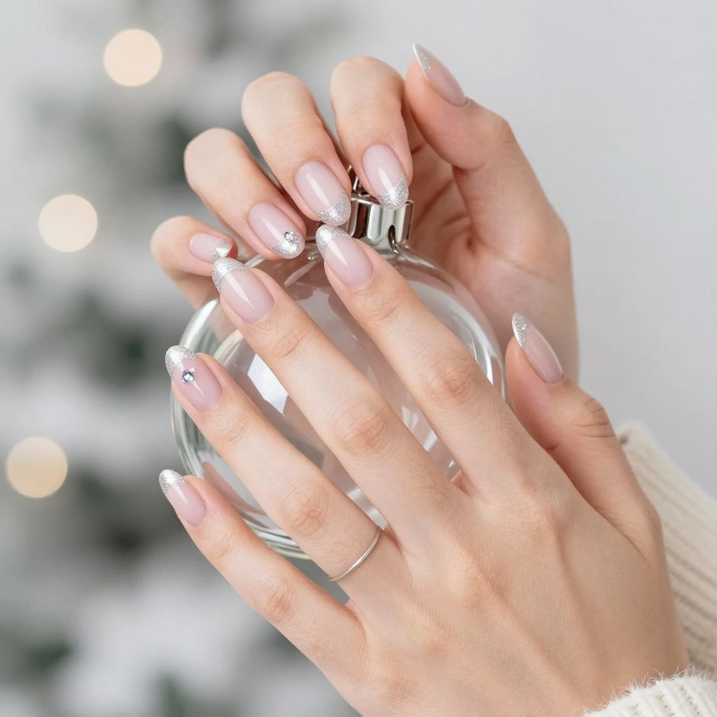 Frosty French Glimmer almond nails with silver glitter tips