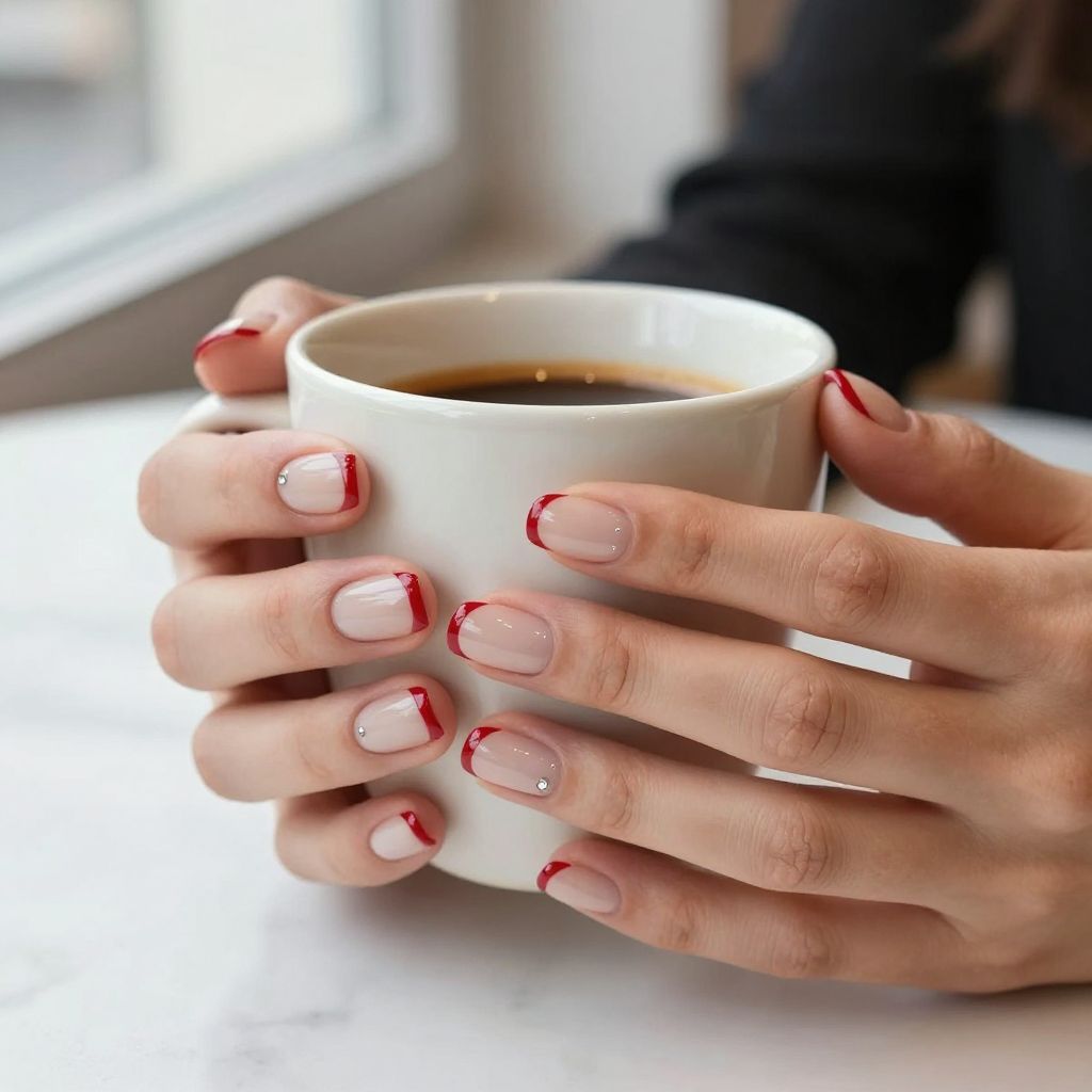 Scarlet Micro French short squoval nails with red tips