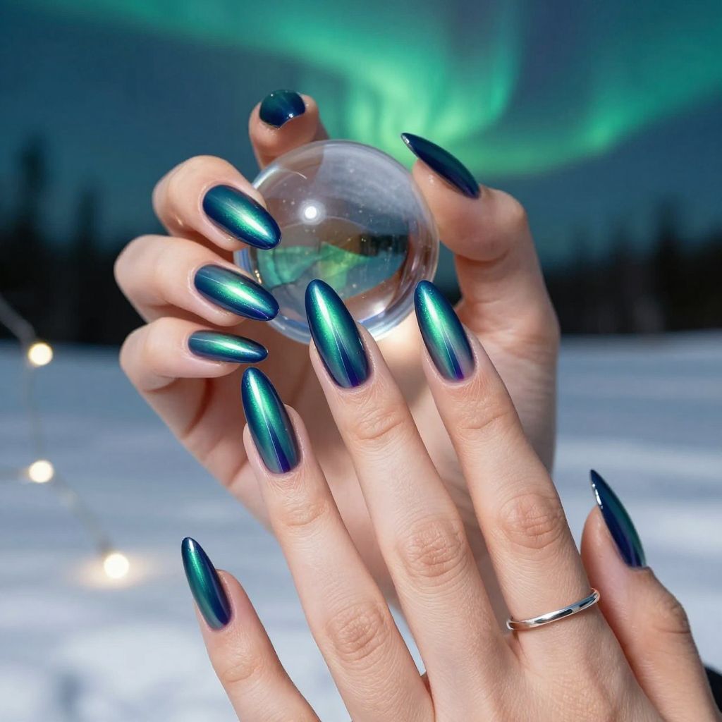 Polar Aurora Lines long almond northern lights nails