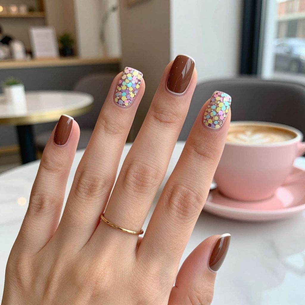 Chocolate Sprinkle Party square nails with pastel confetti