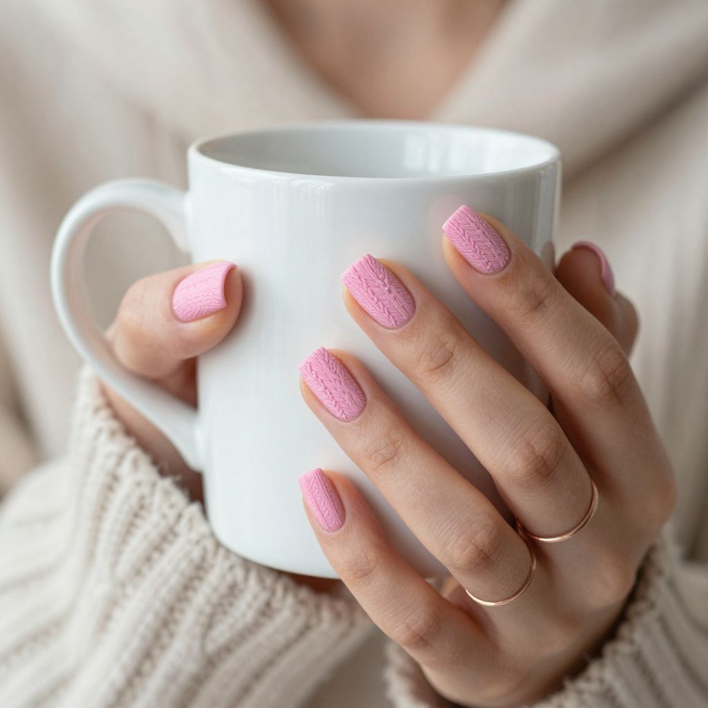 Pink Knit Sweater Art short round textured matte nails
