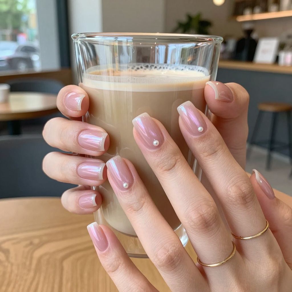 Blush Chrome Kiss medium square pink chrome nails