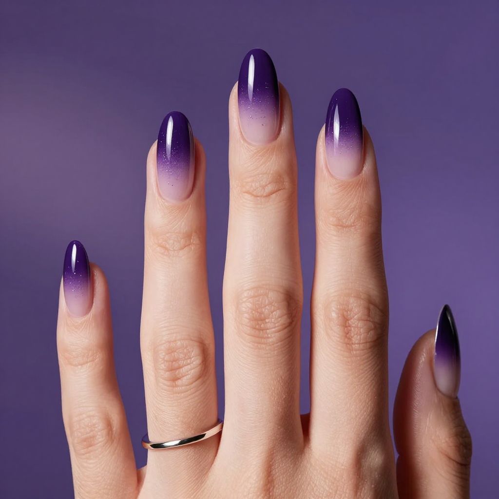 Midnight Plum Aura long coffin gradient nails