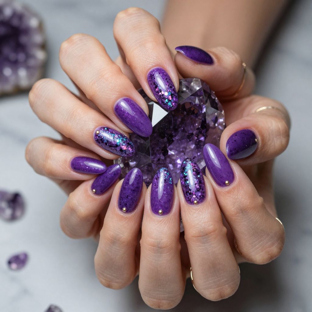 Amethyst Spark Surge purple glitter stiletto nails