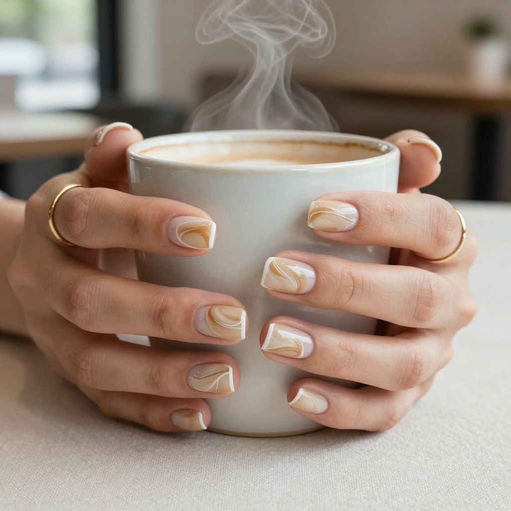 Iced Latte Swirl short square beige swirl nails