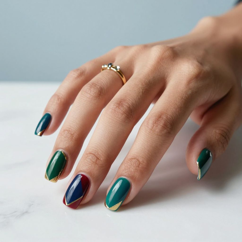 Jewel Tone Geometric festival nail idea