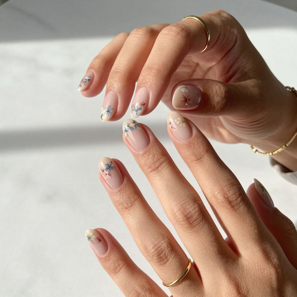 Pressed Flower Neutral Nails