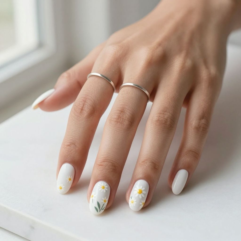 White Daisy Matte Nails