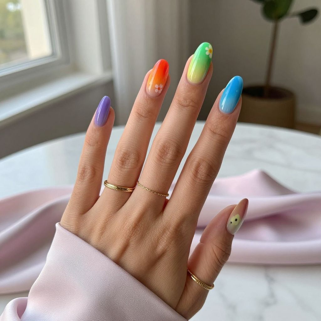 Rainbow Ombre Floral Celebration Nails