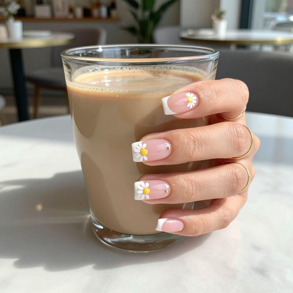 Micro Daisy French floral nail design